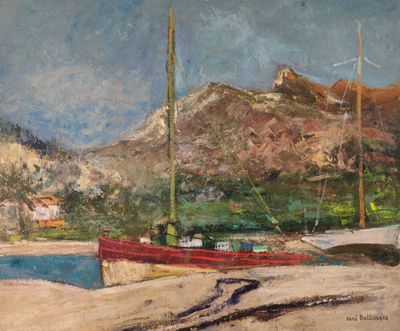 une peinture représentant un bateau au bord d'un lac