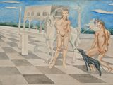 a painting of two people and a dog on a checkered floor