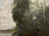un tableau représentant une rivière avec des arbres et une personne au premier plan