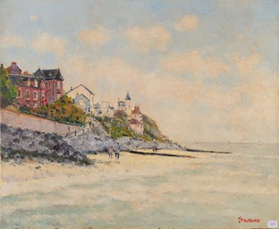 une image représentant un tableau représentant une scène de plage avec des maisons au bord de l'eau