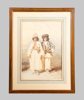 a painting of two women standing next to each other on a wall