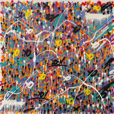 une peinture abstraite représentant un groupe de personnes debout devant un fond coloré