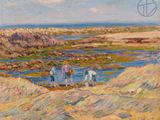 painting of a group of people standing on a beach next to a body of water