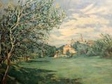 un tableau représentant un paysage avec une église au loin