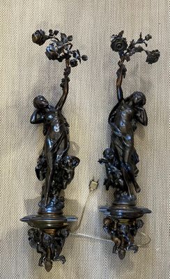 pair of antique bronze wall sconces with female figures on them