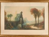 an image of a painting of a castle in the middle of a forest