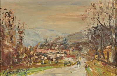 an image of a painting of a country road with houses in the distance