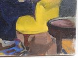 a painting of a woman sitting on a yellow chair