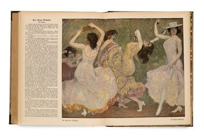 an open book with a picture of a group of women dancing
