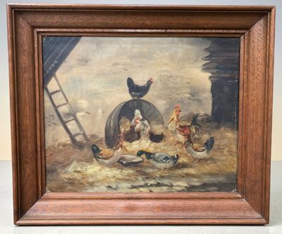 une peinture à l'huile représentant des poulets dans une grange, avec une échelle