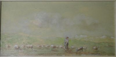 un tableau représentant un homme debout devant un troupeau de moutons