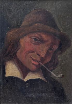 tableau représentant un homme fumant une cigarette, coiffé d'un chapeau et vêtu d'une veste