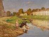 tableau représentant un couple assis au bord d'une rivière