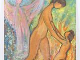 an oil painting of two women and a child in a field