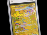 a pokemon card in a plastic holder on a black background