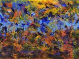 an abstract painting of blue and yellow flowers on a blue background