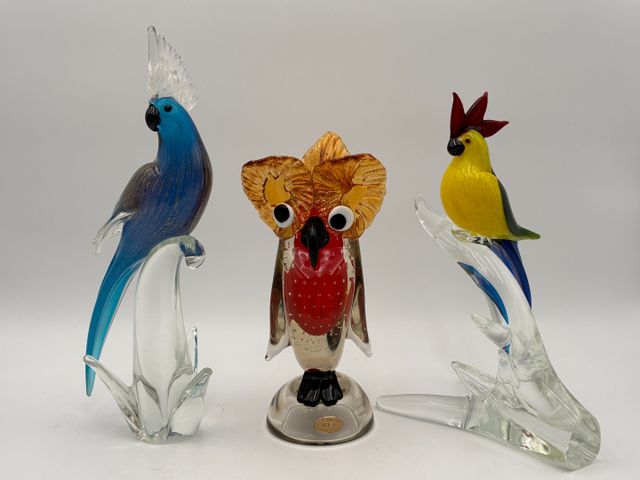 Arte Murano – suite de 3 figurines perroquets et oiseau en verre ...