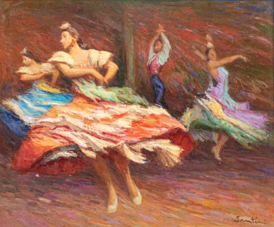 oil painting of a couple of women dancing in a dance studio