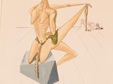 a drawing of a woman in a bathing suit sitting on a block