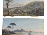 deux tableaux représentant une vue d'une ville et d'une montagne