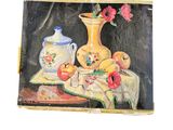 a painting of a vase and apples on a table