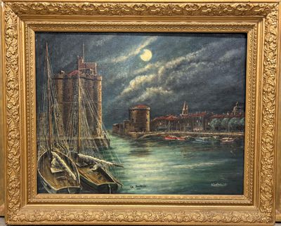une peinture à l'huile représentant des bateaux dans un port avec un château à l'arrière-plan