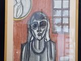 dessin encadré représentant une femme portant des lunettes de soleil, assise à une table devant une fenêtre