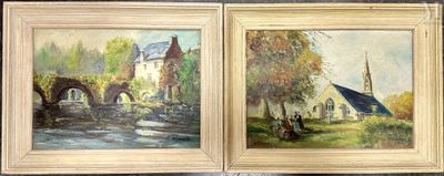 deux tableaux représentant une rivière et un pont, avec une maison en arrière-plan