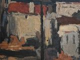a painting of a street scene with buildings in the background