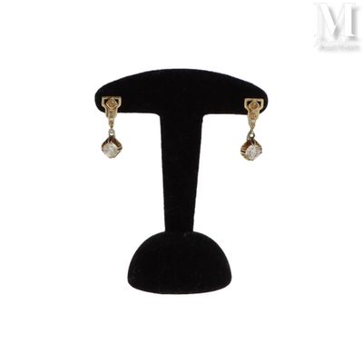 a close up of a pair of earrings on a stand