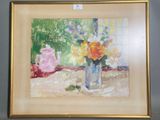 une peinture de fleurs dans un vase sur une table