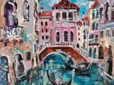 un tableau représentant une gondole sur un canal, avec des bâtiments en arrière-plan