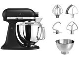 an image of a black kitchen aid mixer with a bowl and whisk attachments