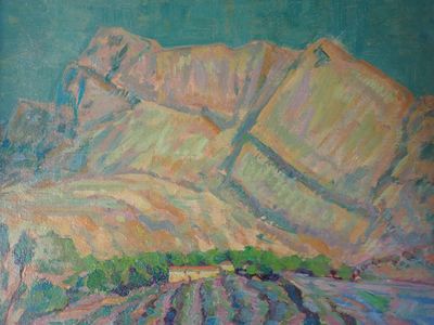 un tableau représentant un lit avec une montagne en arrière-plan
