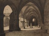 a black and white photo of a building with arches