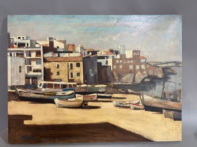 Bateaux de pêche à marée basse, huile sur toile, signée en b…