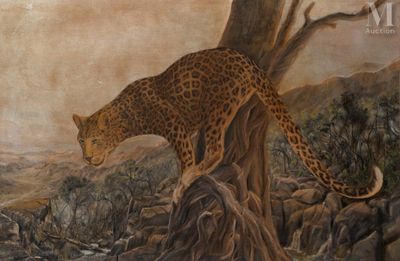 un tableau représentant un léopard debout sur une souche d'arbre