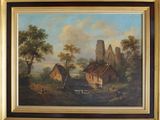 une peinture à l'huile représentant une scène de vie à la ferme avec un château en arrière-plan