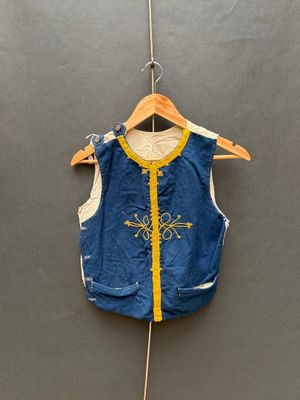 un gilet bleu et jaune suspendu à un cintre sur un mur gris