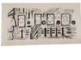 black and white drawing of a group of objects on a white background
