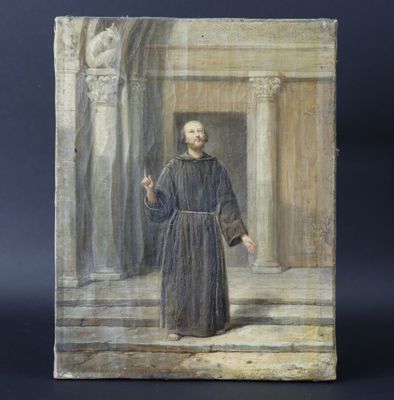 un tableau représentant un homme debout devant une porte