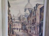 une peinture à l'huile représentant une scène de rue avec une église à l'arrière-plan