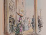 drawing of a woman in a pink dress and a man in a blue suit and a woman in a green dress and a man in a yellow hat