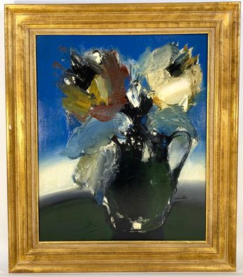painting of a vase of flowers with a blue sky in the background