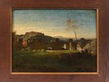 a painting of a landscape with a house and a tree in the foreground