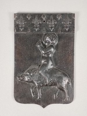 plaque représentant un homme à cheval avec un chien sur le dos