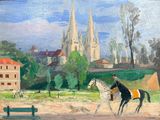 a painting of a man riding a horse next to a church