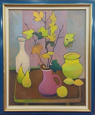 a painting of vases and pears on a table