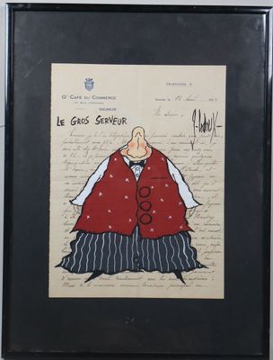 framed picture of a drawing of a man in a red vest