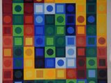 brightly colored squares and dots are arranged in a square pattern on a white background